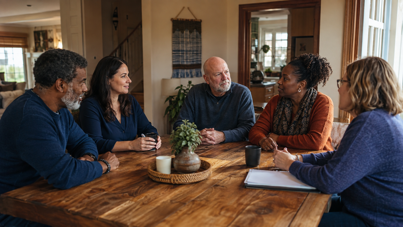 A diverse group having a supportive community conversation