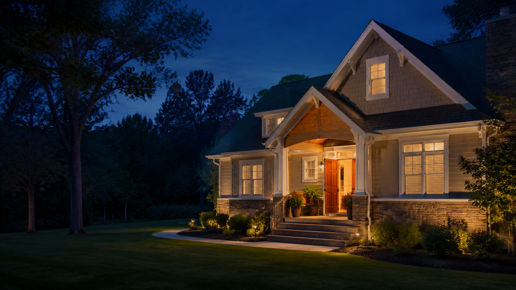 A warm, welcoming residential home at dusk